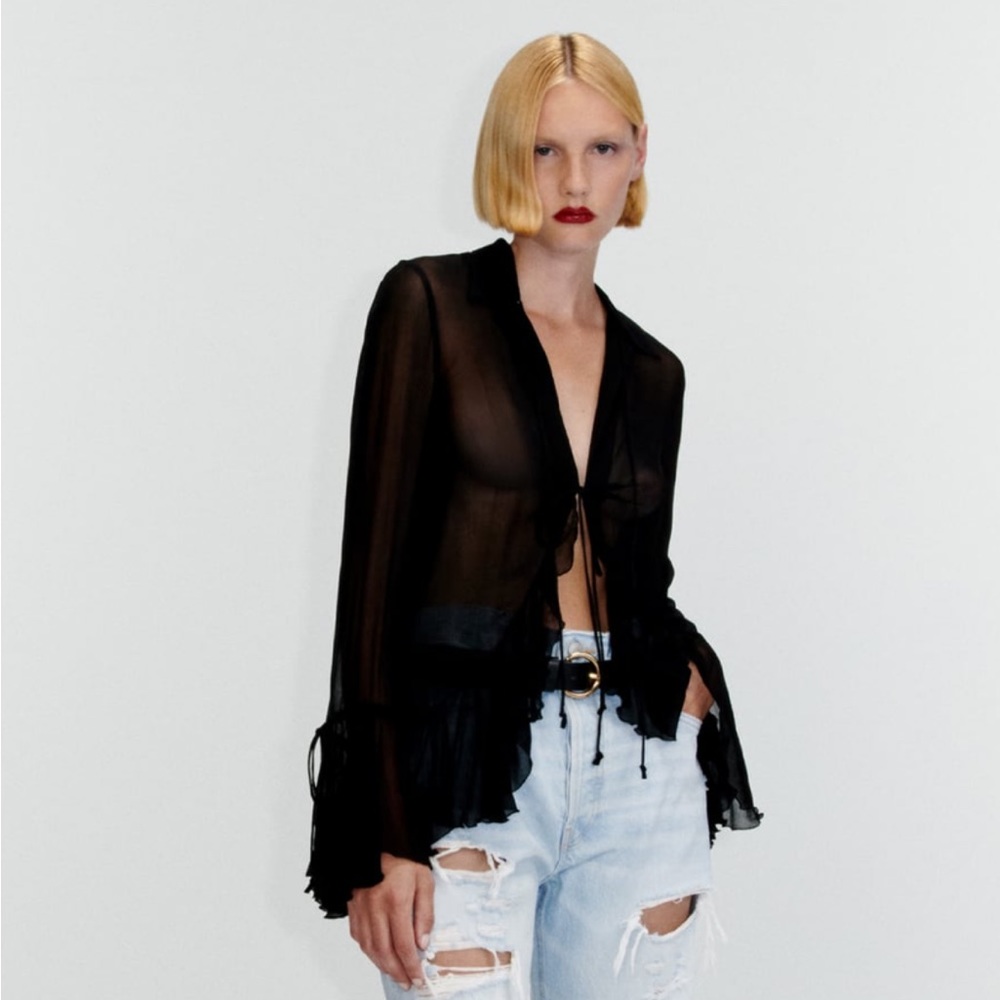 Zara NEW Semi Sheer Blouse with Ruffles